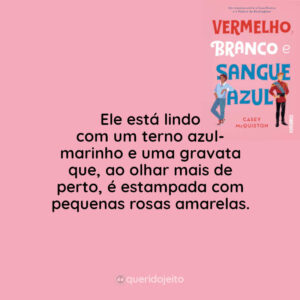 Ele está lindo com um terno azul-marinho e uma gravata que, ao olhar mais de perto, é estampada com pequenas rosas amarelas.