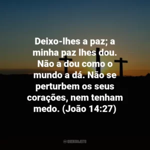 Deixo-lhes a paz; a minha paz lhes dou. Não a dou como o mundo a dá. Não se perturbem os seus corações, nem tenham medo. (João 14:27)