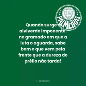 Quando surge o alviverde imponente, no gramado em que a luta o aguarda, sabe bem o que vem pela frente que a dureza do prélio não tarda!