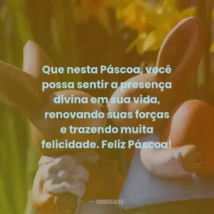 Que nesta Páscoa, você possa sentir a presença divina em sua vida, renovando suas forças e trazendo muita felicidade. Feliz Páscoa!