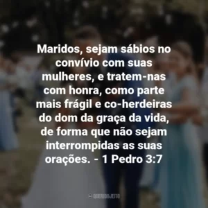 Maridos, sejam sábios no convívio com suas mulheres, e tratem-nas com honra, como parte mais frágil e co-herdeiras do dom da graça da vida, de forma que não sejam interrompidas as suas orações. – 1 Pedro 3:7