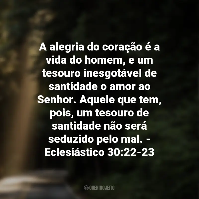 Frases de Deus sobre Esperança: A alegria do coração é a vida do homem, e um tesouro inesgotável de santidade o amor ao Senhor. Aquele que tem, pois, um tesouro de santidade não será seduzido pelo mal. - Eclesiástico 30:22-23