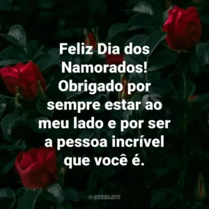 Feliz Dia dos Namorados! Obrigado por sempre estar ao meu lado e por ser a pessoa incrível que você é.