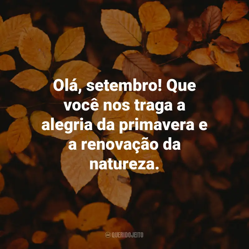 Frases de Bem-Vindo Setembro: Olá, setembro! Que você nos traga a alegria da primavera e a renovação da natureza.