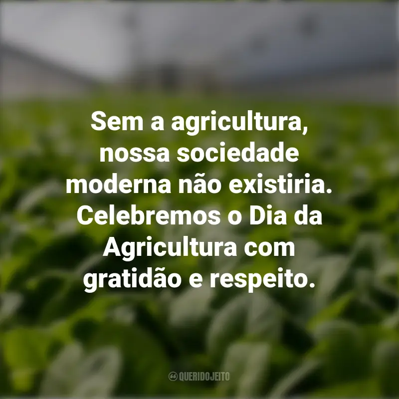 Frases Dia da Agricultura: Sem a agricultura, nossa sociedade moderna não existiria. Celebremos o Dia da Agricultura com gratidão e respeito.