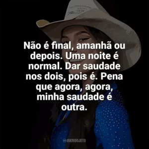 Não é final, amanhã ou depois. Uma noite é normal. Dar saudade nos dois, pois é. Pena que agora, agora, minha saudade é outra. Ana Castela