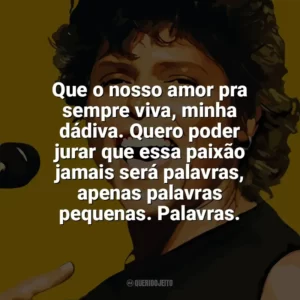 Que o nosso amor pra sempre viva, minha dádiva. Quero poder jurar que essa paixão jamais será palavras, apenas palavras pequenas. Palavras. Cássia Eller