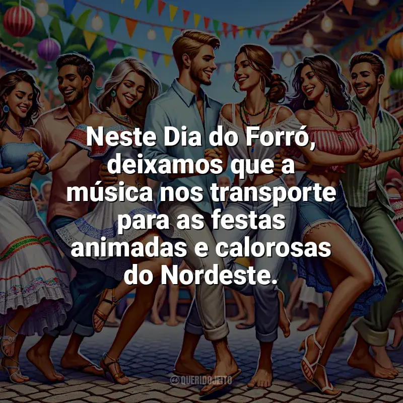 Frases de homenagem Dia do Forró: Neste Dia do Forró, deixamos que a música nos transporte para as festas animadas e calorosas do Nordeste.
