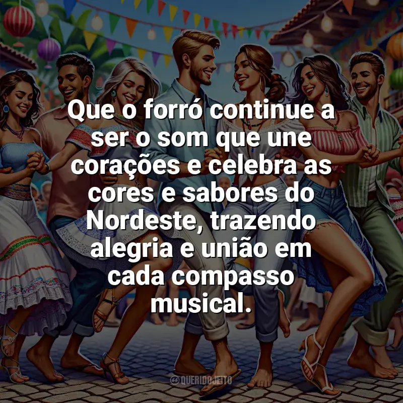 Frases Feliz Dia do Forró: Que o forró continue a ser o som que une corações e celebra as cores e sabores do Nordeste, trazendo alegria e união em cada compasso musical.