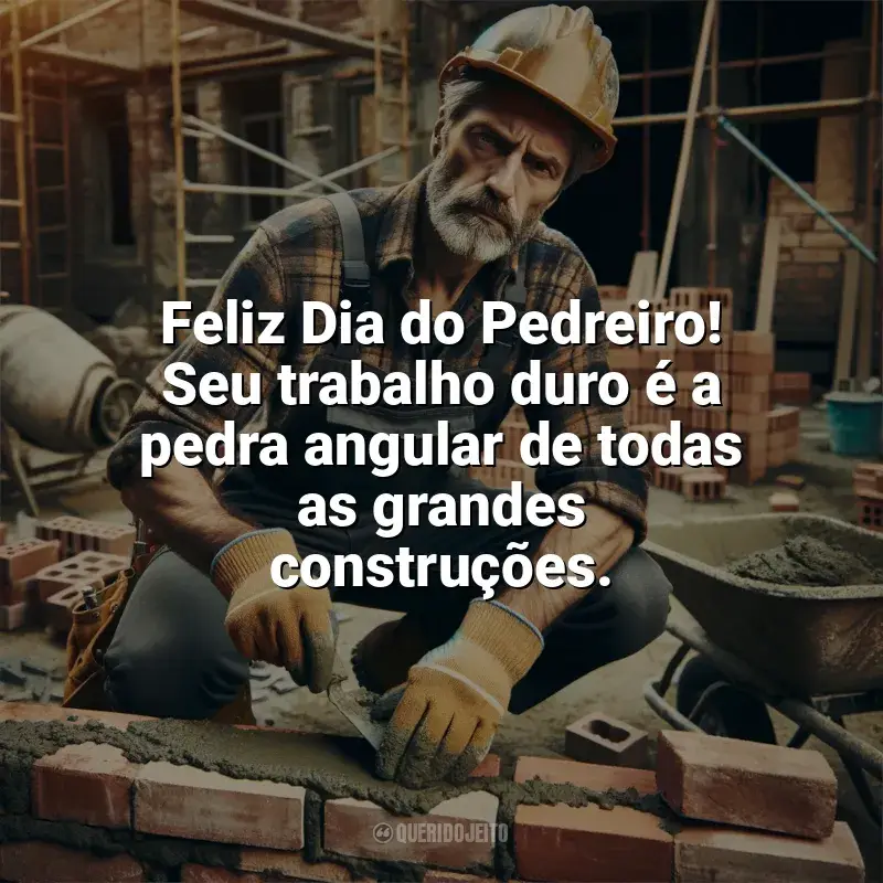 Frases de homenagem Dia do Pedreiro: Feliz Dia do Pedreiro! Seu trabalho duro é a pedra angular de todas as grandes construções.