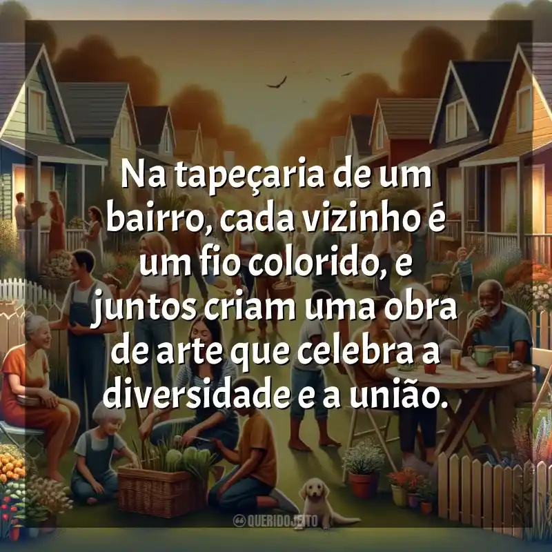 Frases de homenagem Dia do Vizinho: Na tapeçaria de um bairro, cada vizinho é um fio colorido, e juntos criam uma obra de arte que celebra a diversidade e a união.