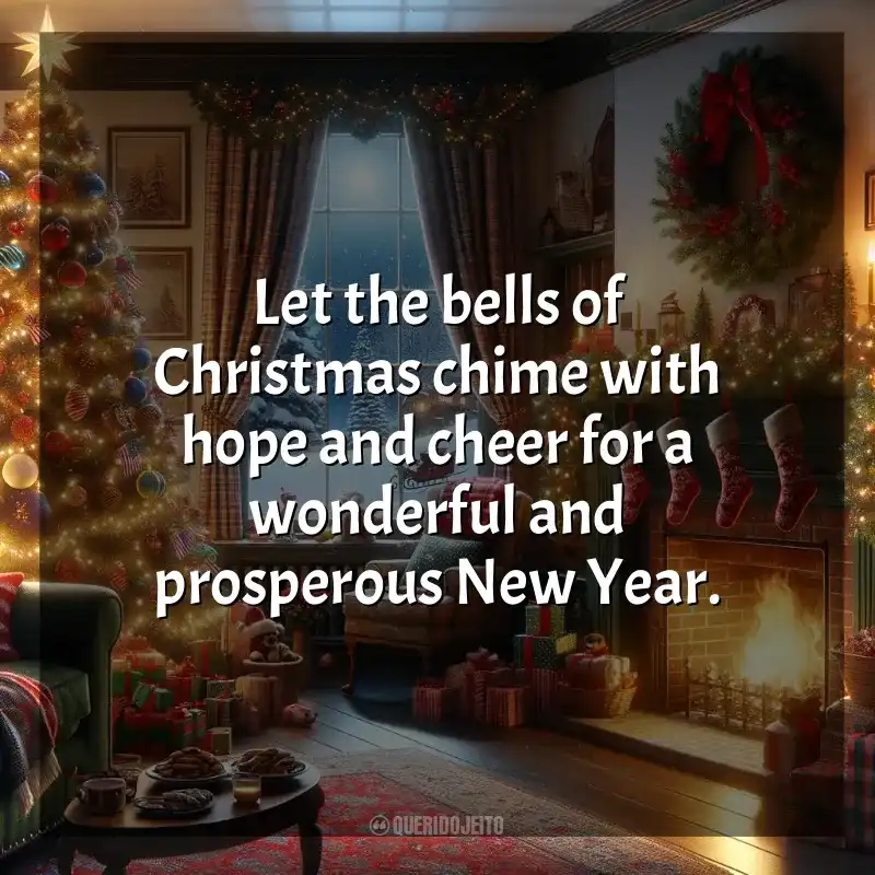 Frases de homenagem Natal em Inglês: Let the bells of Christmas chime with hope and cheer for a wonderful and prosperous New Year.