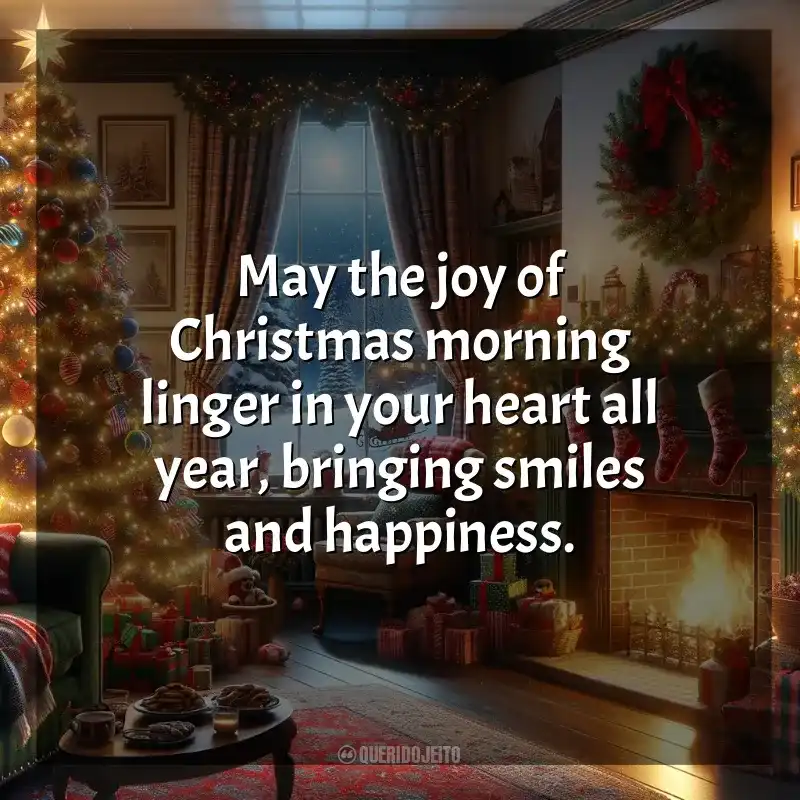 Frases de Natal em Inglês: May the joy of Christmas morning linger in your heart all year, bringing smiles and happiness.