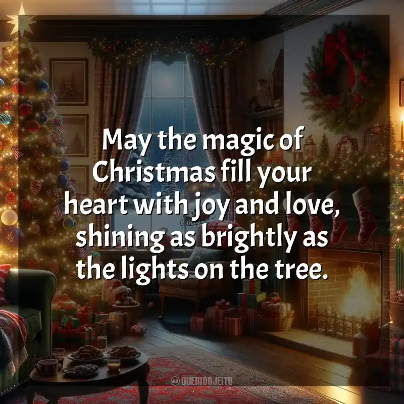 Frases Natal em Inglês: May the magic of Christmas fill your heart with joy and love, shining as brightly as the lights on the tree.