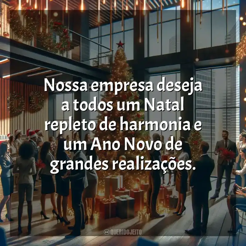 Frases para o Natal das Empresas: Nossa empresa deseja a todos um Natal repleto de harmonia e um Ano Novo de grandes realizações.