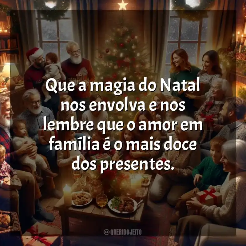 Frases para o Natal para Família: Que a magia do Natal nos envolva e nos lembre que o amor em família é o mais doce dos presentes.