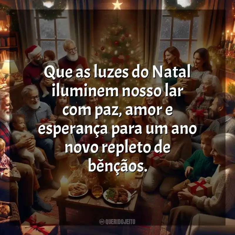 Frases de homenagem de Natal para Família: Que as luzes do Natal iluminem nosso lar com paz, amor e esperança para um ano novo repleto de bênçãos.