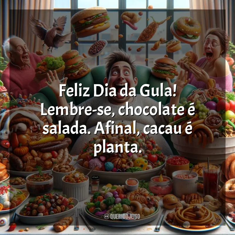 Mensagem Dia da Gula: Feliz Dia da Gula! Lembre-se, chocolate é salada. Afinal, cacau é planta.
