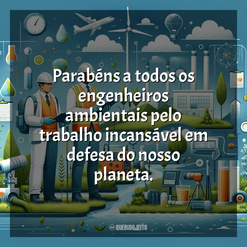 Frases para o Dia do Engenheiro Ambiental: Parabéns a todos os engenheiros ambientais pelo trabalho incansável em defesa do nosso planeta.