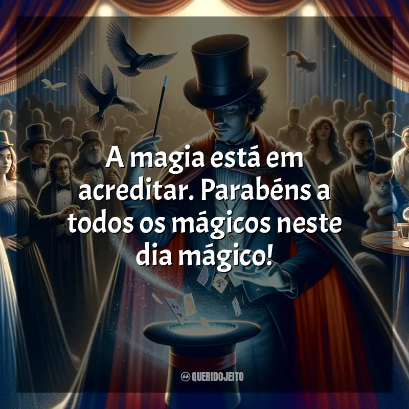 Frases para o Dia do Mágico: A magia está em acreditar. Parabéns a todos os mágicos neste dia mágico!