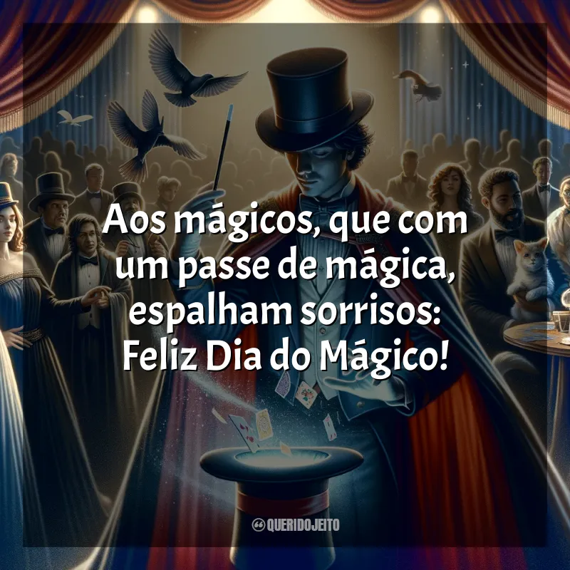Dia do Mágico Frases: Aos mágicos, que com um passe de mágica, espalham sorrisos: Feliz Dia do Mágico!