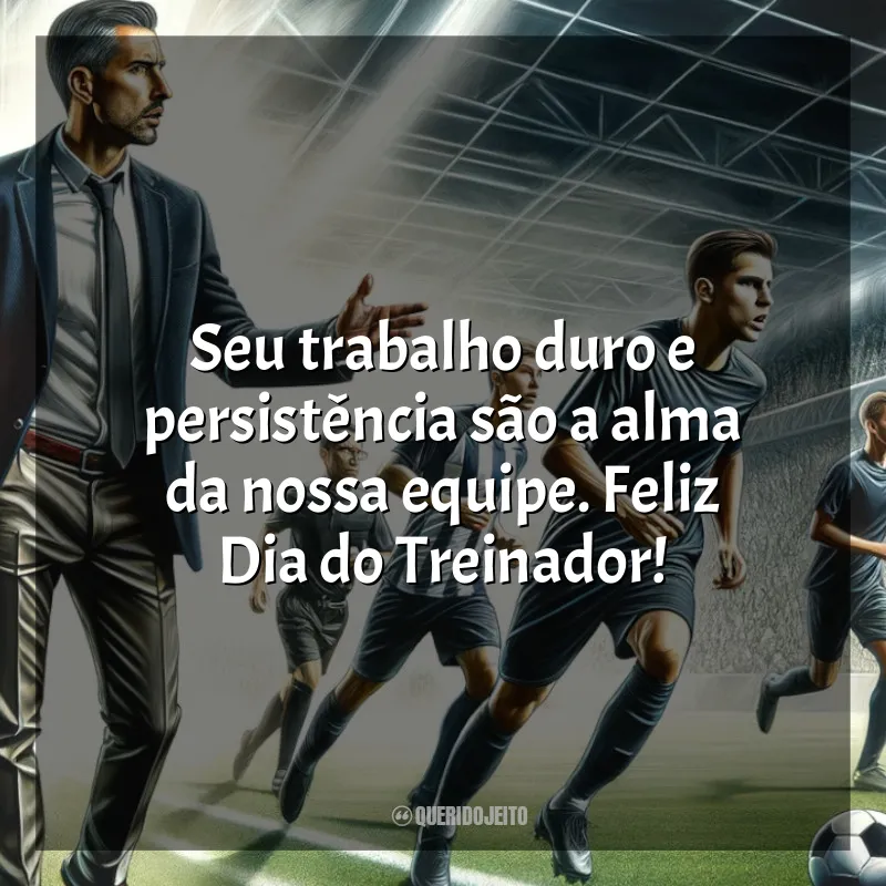 Frases Dia do Treinador de Futebol: Seu trabalho duro e persistência são a alma da nossa equipe. Feliz Dia do Treinador!