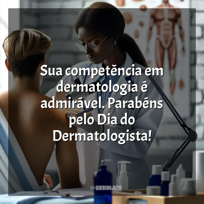 Frases para o Dia do Dermatologista: Sua competência em dermatologia é admirável. Parabéns pelo Dia do Dermatologista!