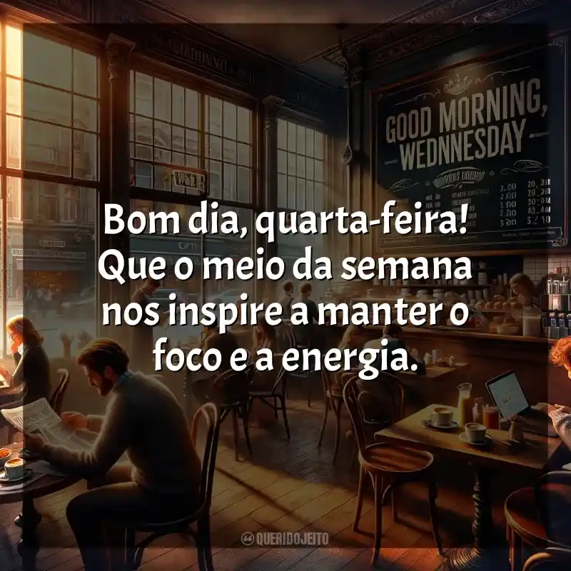 Frases para Bom dia, Quarta-feira!: Bom dia, quarta-feira! Que o meio da semana nos inspire a manter o foco e a energia.