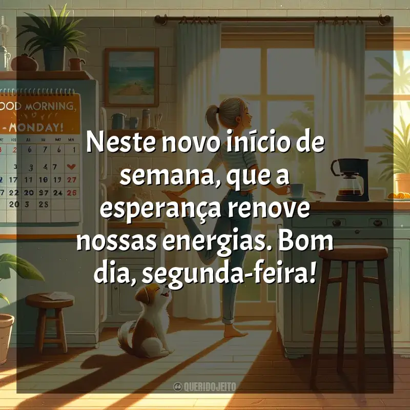 Frases para Bom dia, Segunda Feira!: Neste novo início de semana, que a esperança renove nossas energias. Bom dia, segunda-feira!