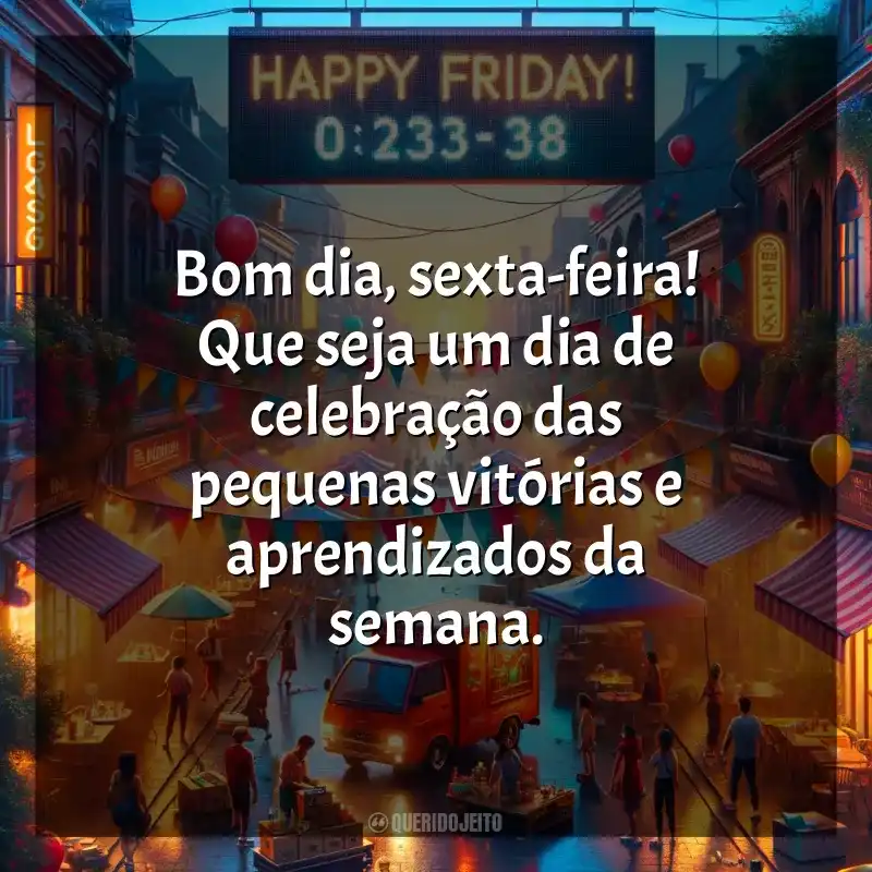 Frases de efeito de Bom dia, Sexta-feira!: Bom dia, sexta-feira! Que seja um dia de celebração das pequenas vitórias e aprendizados da semana.