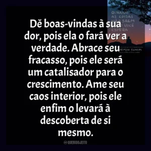 Dê boas-vindas à sua dor, pois ela o fará ver a verdade. Abrace seu fracasso, pois ele será um catalisador para o crescimento. Ame seu caos interior, pois ele enfim o levará à descoberta de si mesmo. Quando As Coisas Não Saem Como Você Espera (Livro)