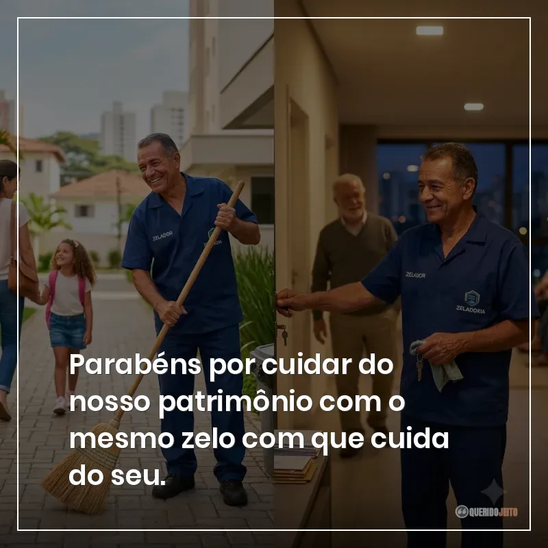 Parabéns por cuidar do nosso patrimônio com o mesmo zelo com que cuida do seu.
Frases do Dia do Zelador para parabenizar esse profissional 